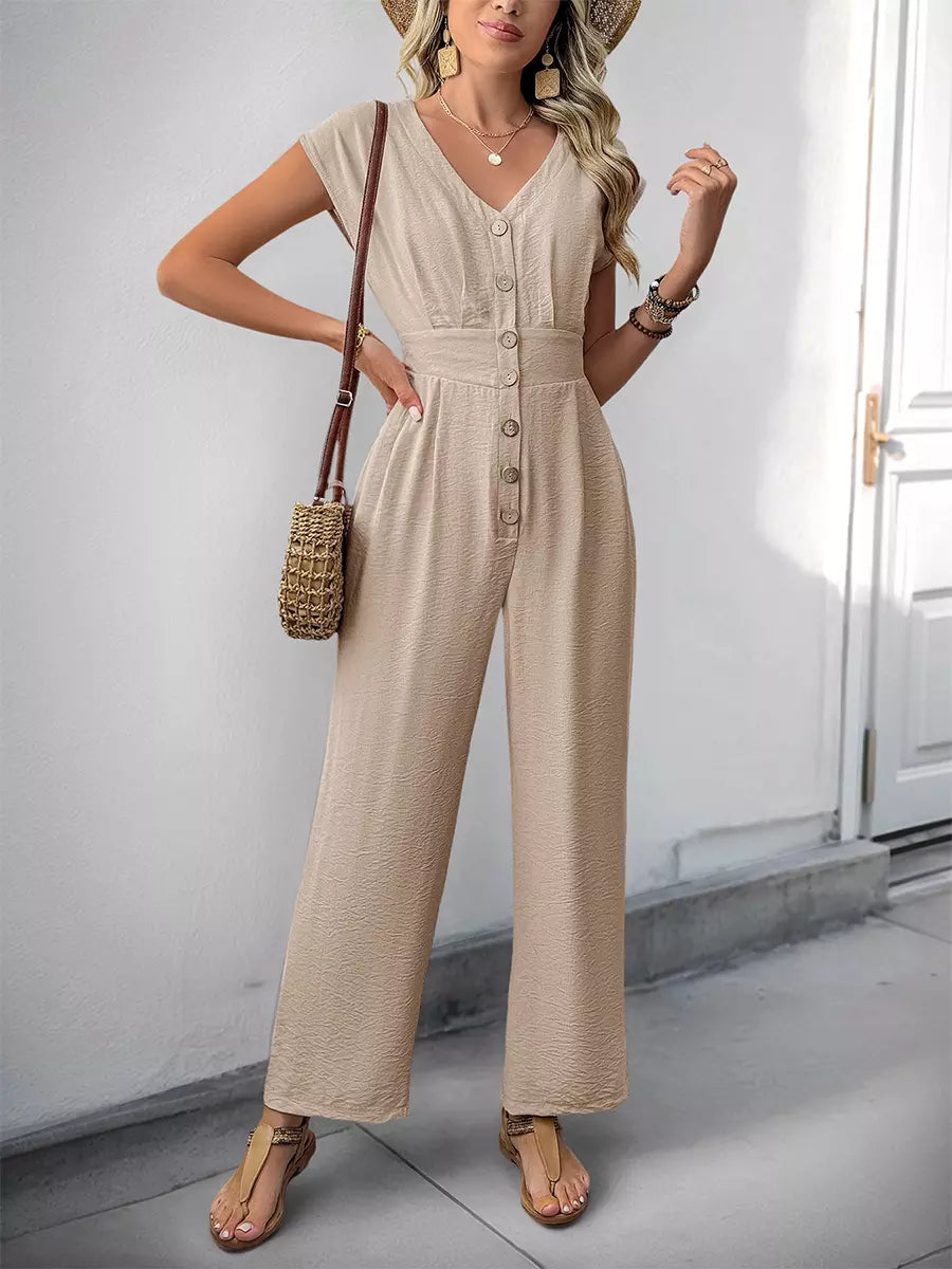 Casual Short Sleeves With Button-Down Front V-Neck Straight Jumpsuit Mssza