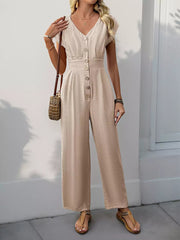 Casual Short Sleeves With Button-Down Front V-Neck Straight Jumpsuit Mssza