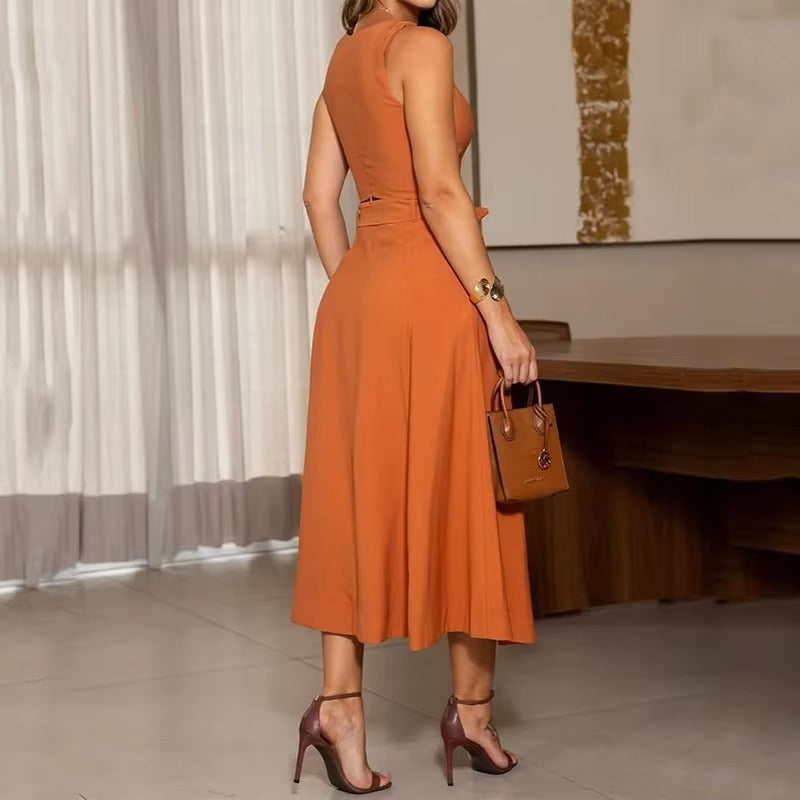 Casual Simple Strappy Camisole Top Loose With Pockets Long Skirt Mssza