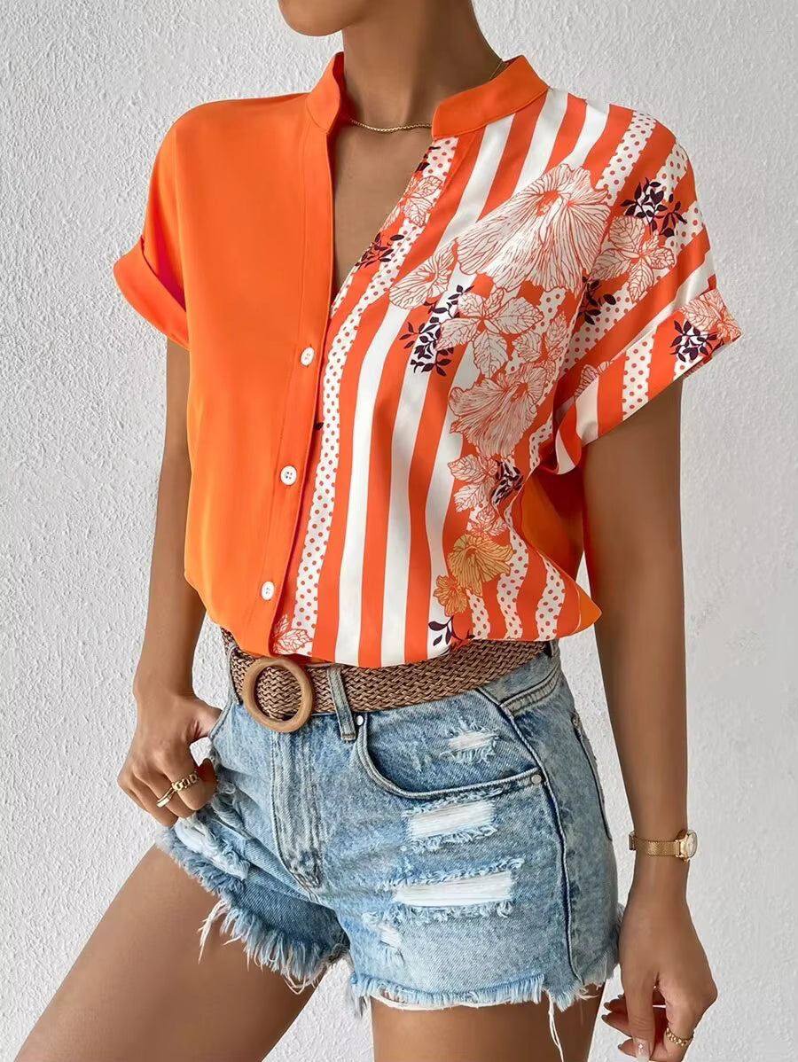 Casual Single Breasted Floral V-Neck Short Sleeve Bohemian Printed Shirt Mssza