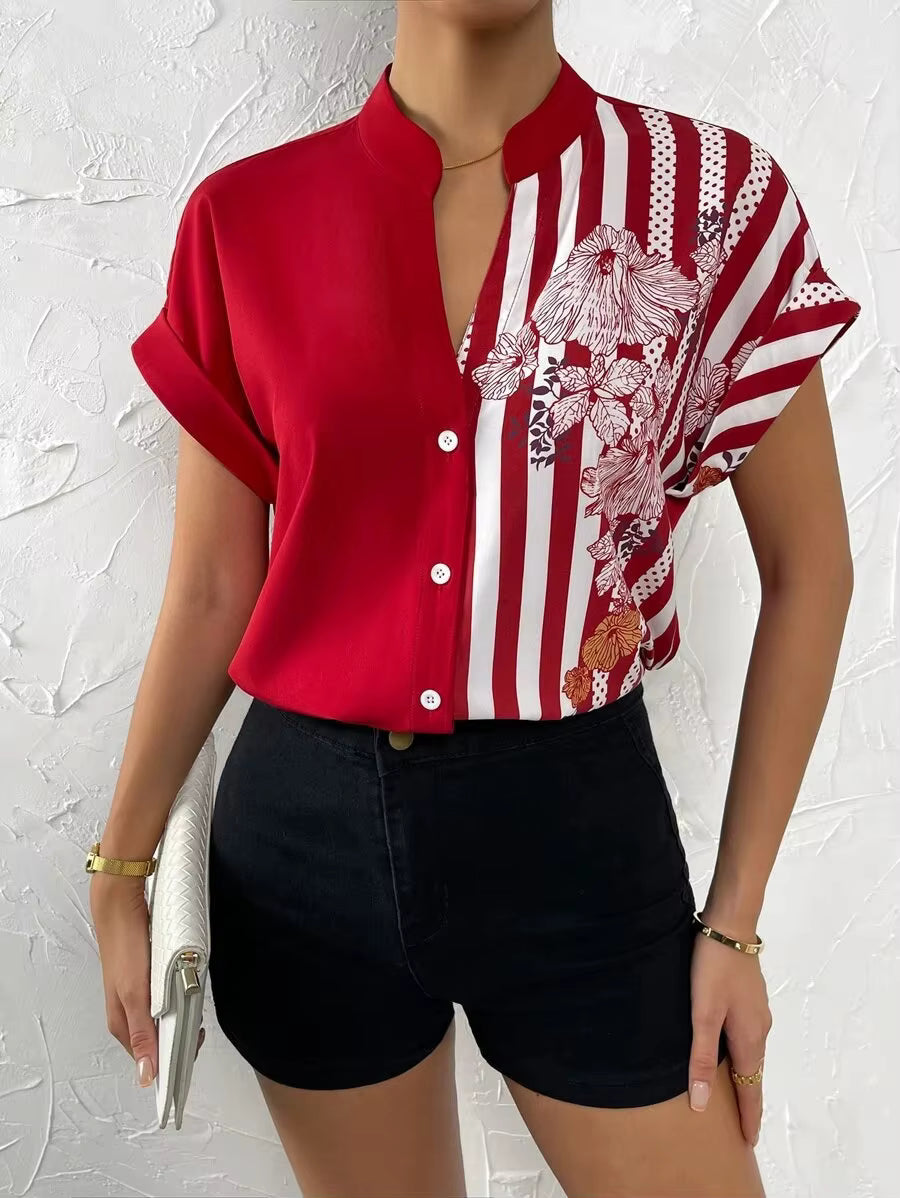 Casual Single Breasted Floral V-Neck Short Sleeve Bohemian Printed Shirt Mssza