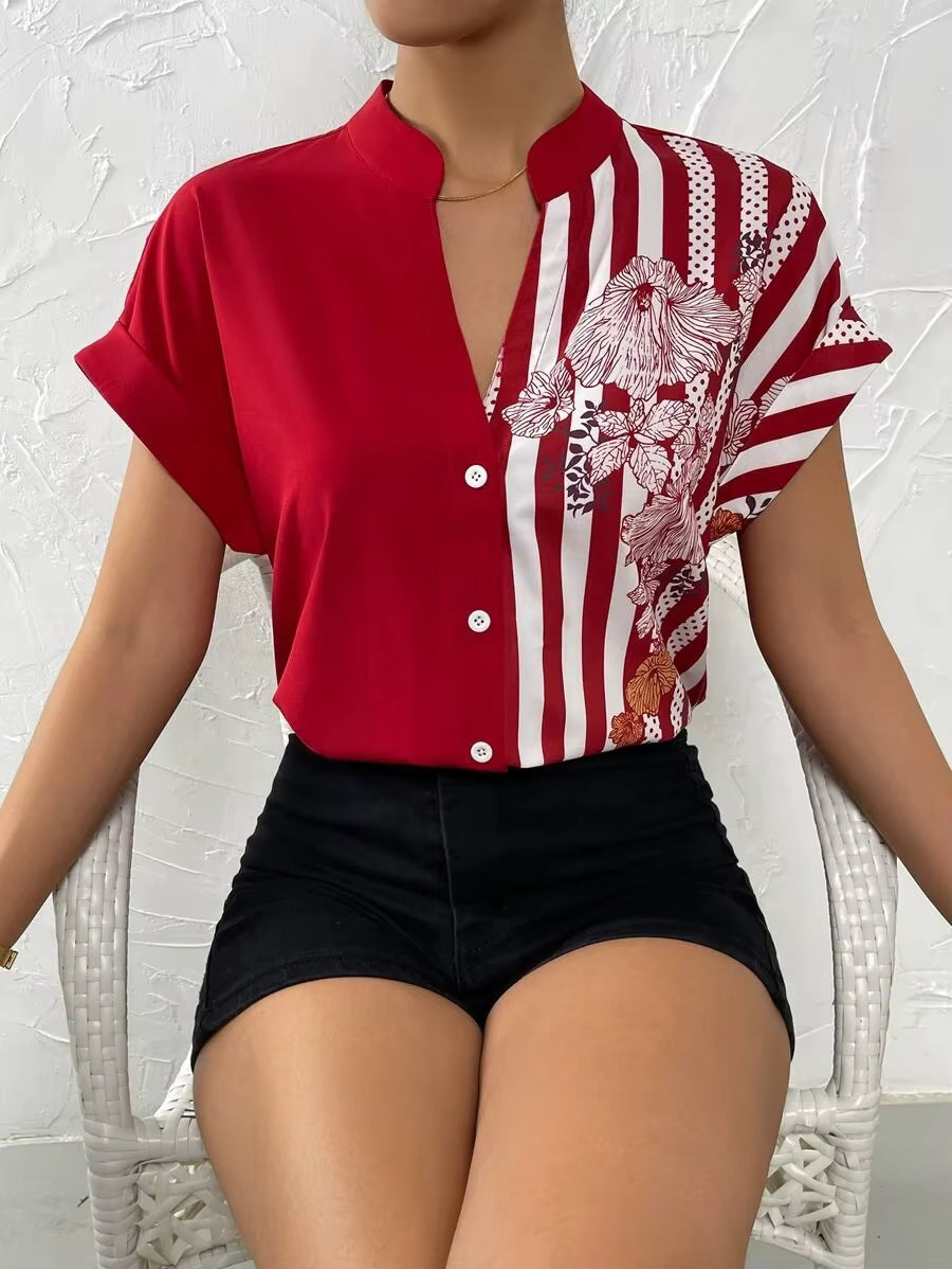 Casual Single Breasted Floral V-Neck Short Sleeve Bohemian Printed Shirt Mssza