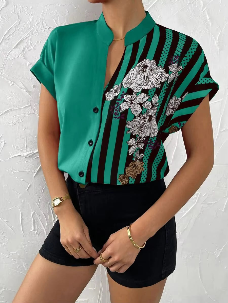 Casual Single Breasted Floral V-Neck Short Sleeve Bohemian Printed Shirt Mssza