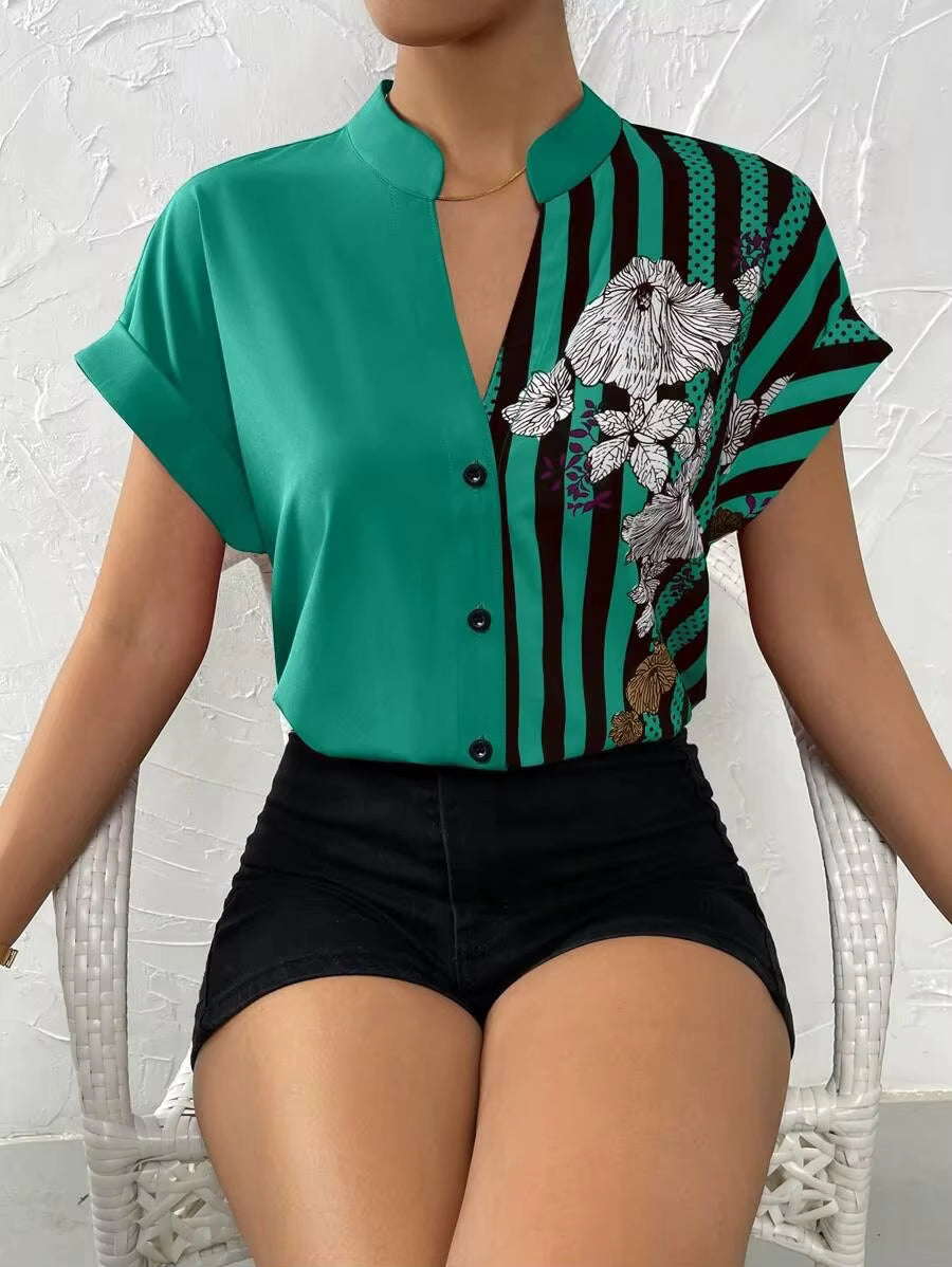 Casual Single Breasted Floral V-Neck Short Sleeve Bohemian Printed Shirt Mssza