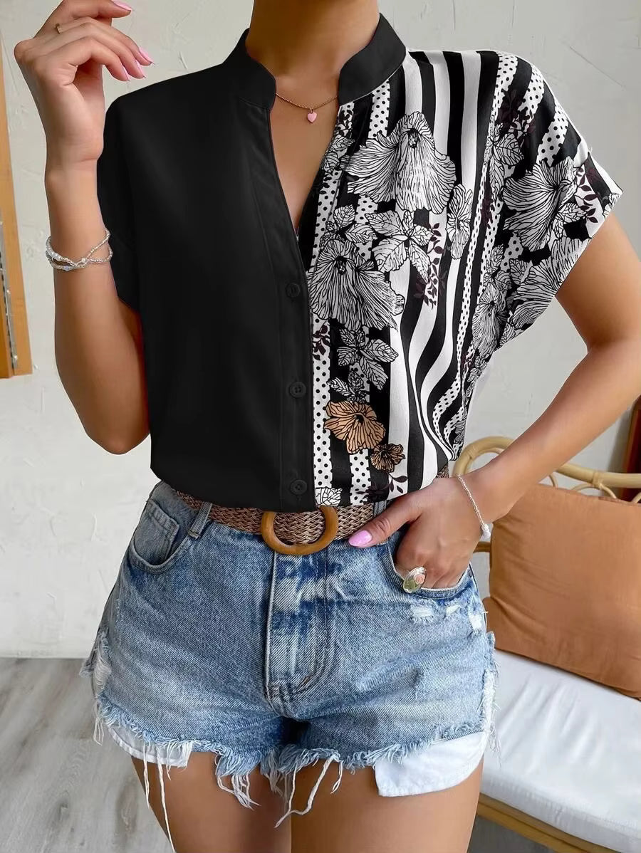 Casual Single Breasted Floral V-Neck Short Sleeve Bohemian Printed Shirt Mssza