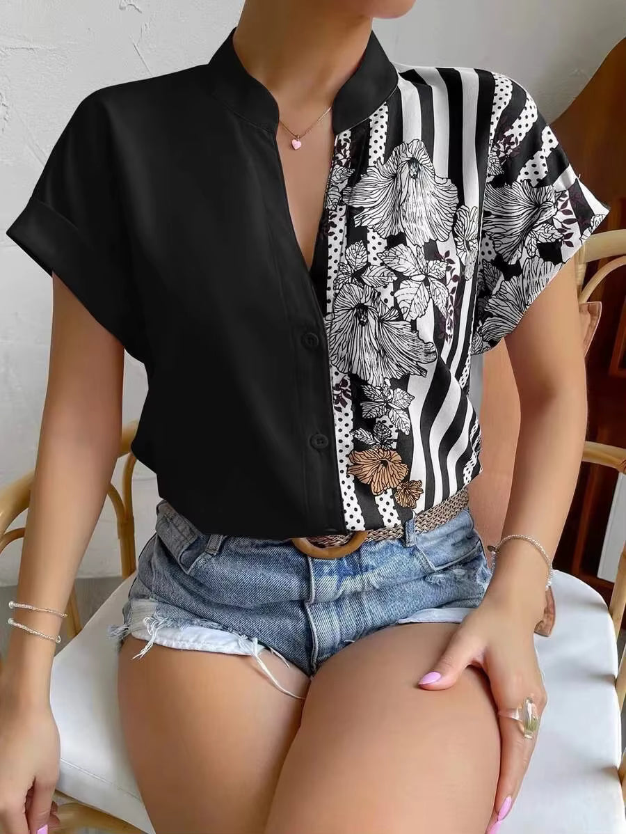 Casual Single Breasted Floral V-Neck Short Sleeve Bohemian Printed Shirt Mssza