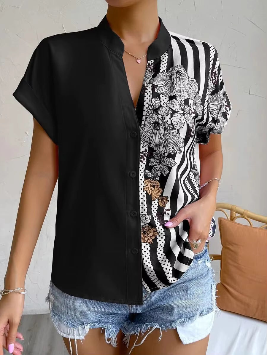 Casual Single Breasted Floral V-Neck Short Sleeve Bohemian Printed Shirt Mssza