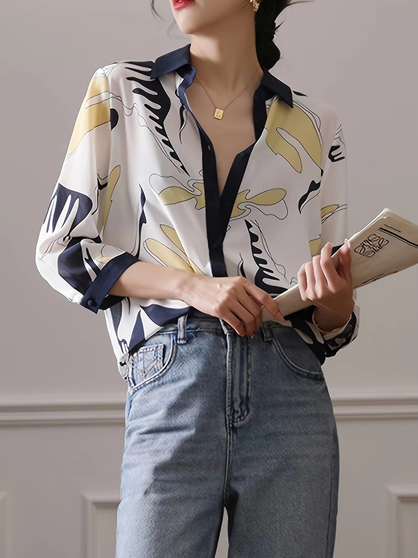Casual Single Breasted Half Sleeve Printing Blouse Shirt Mssza