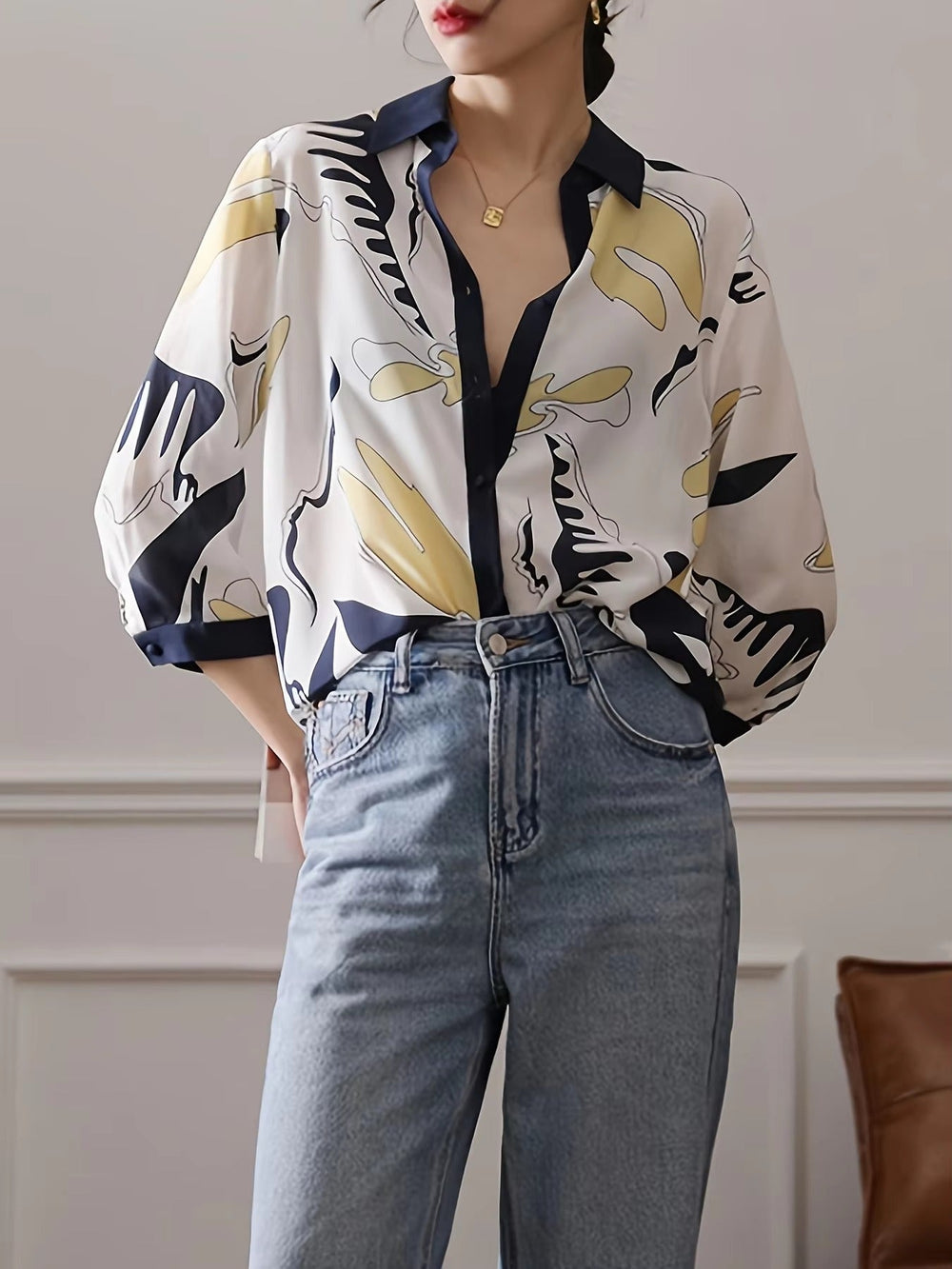 Casual Single Breasted Half Sleeve Printing Blouse Shirt Mssza