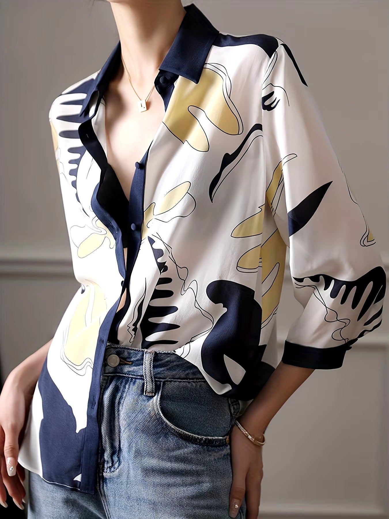 Casual Single Breasted Half Sleeve Printing Blouse Shirt Mssza