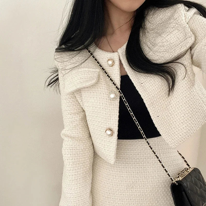 Casual Single Breasted Long Sleeved Coat A-line High Waist Mini Skirt Two-Piece Set Mssza
