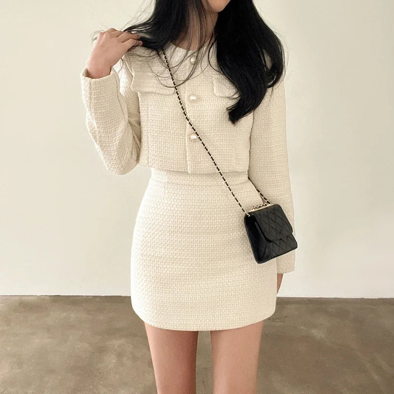 Casual Single Breasted Long Sleeved Coat A-line High Waist Mini Skirt Two-Piece Set Mssza