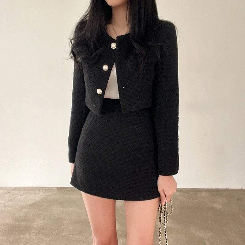 Casual Single Breasted Long Sleeved Coat A-line High Waist Mini Skirt Two-Piece Set Mssza
