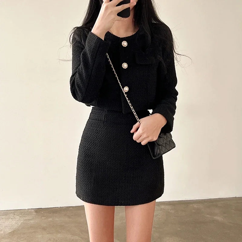 Casual Single Breasted Long Sleeved Coat A-line High Waist Mini Skirt Two-Piece Set Mssza
