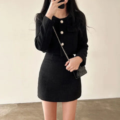 Casual Single Breasted Long Sleeved Coat A-line High Waist Mini Skirt Two-Piece Set Mssza