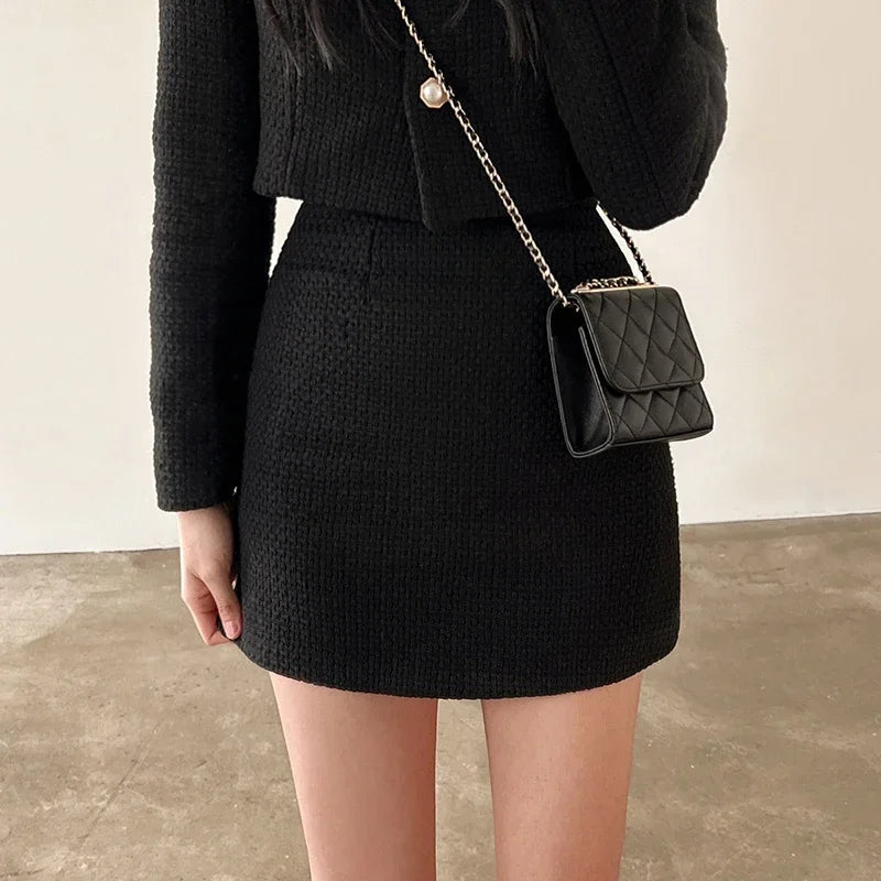 Casual Single Breasted Long Sleeved Coat A-line High Waist Mini Skirt Two-Piece Set Mssza