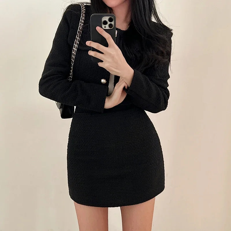 Casual Single Breasted Long Sleeved Coat A-line High Waist Mini Skirt Two-Piece Set Mssza
