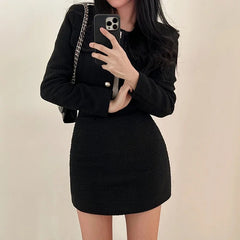 Casual Single Breasted Long Sleeved Coat A-line High Waist Mini Skirt Two-Piece Set Mssza