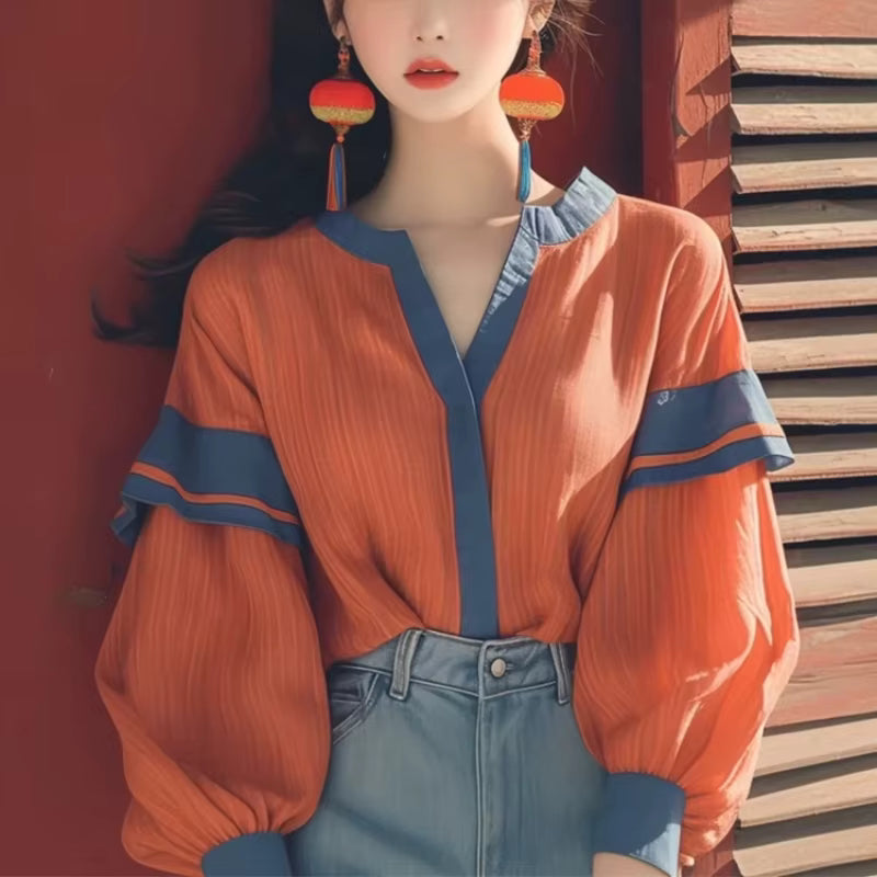 Casual Single Breasted Patchwork Long Sleeves Regular Fit Loose Shirts Mssza