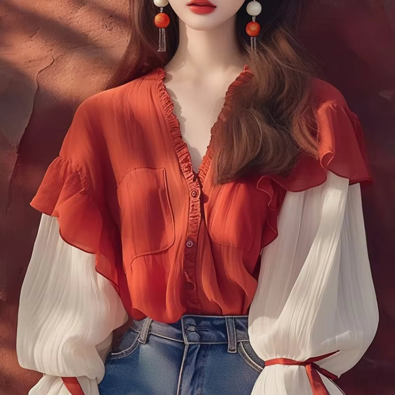 Casual Single Breasted Patchwork Long Sleeves Regular Fit Loose Shirts Mssza