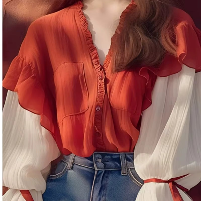Casual Single Breasted Patchwork Long Sleeves Regular Fit Loose Shirts Mssza