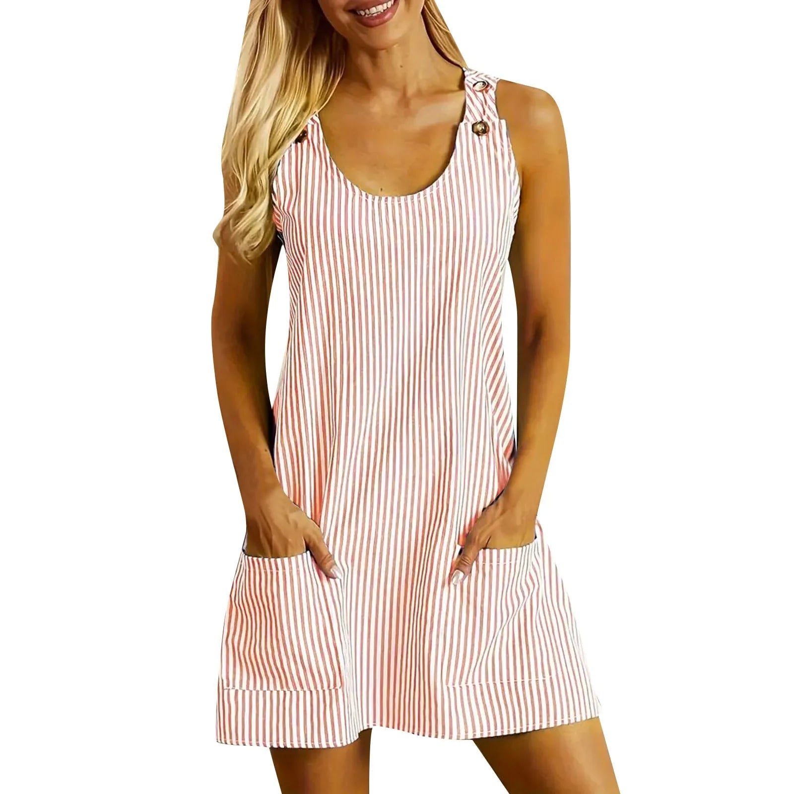 Casual Single Breasted Pocket Sleeveless Striped Rompers Mssza