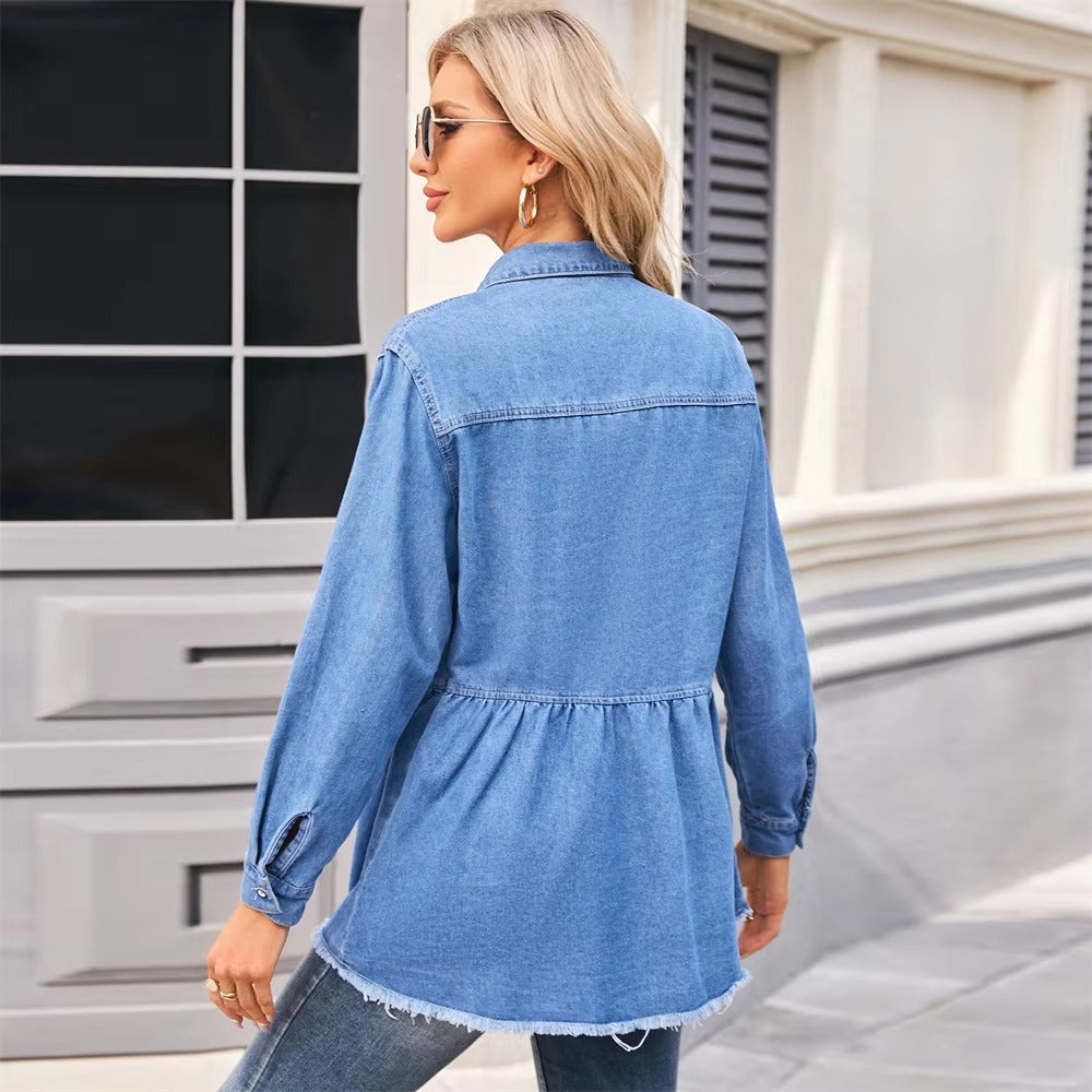 Casual Single Breasted Pockets Long Sleeve Jean Raw Hem Denim Shirts Mssza