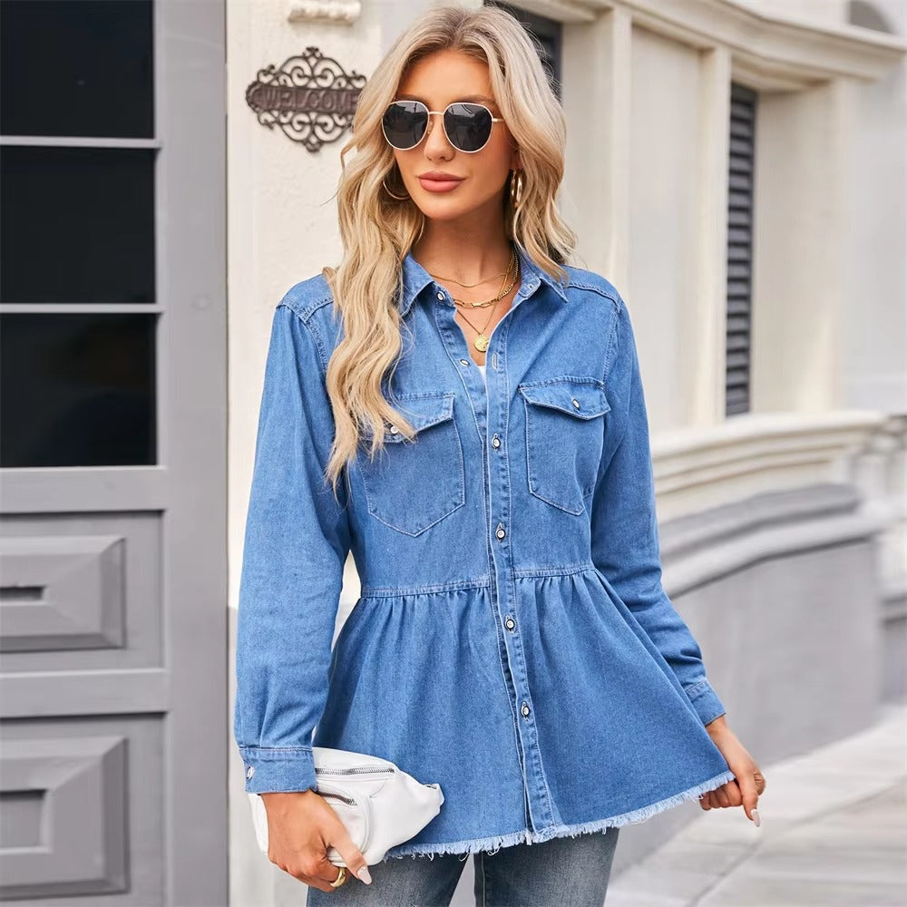 Casual Single Breasted Pockets Long Sleeve Jean Raw Hem Denim Shirts Mssza