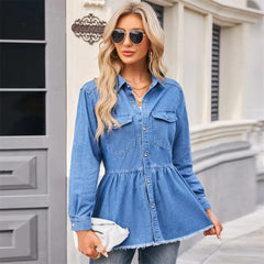 Casual Single Breasted Pockets Long Sleeve Jean Raw Hem Denim Shirts Mssza