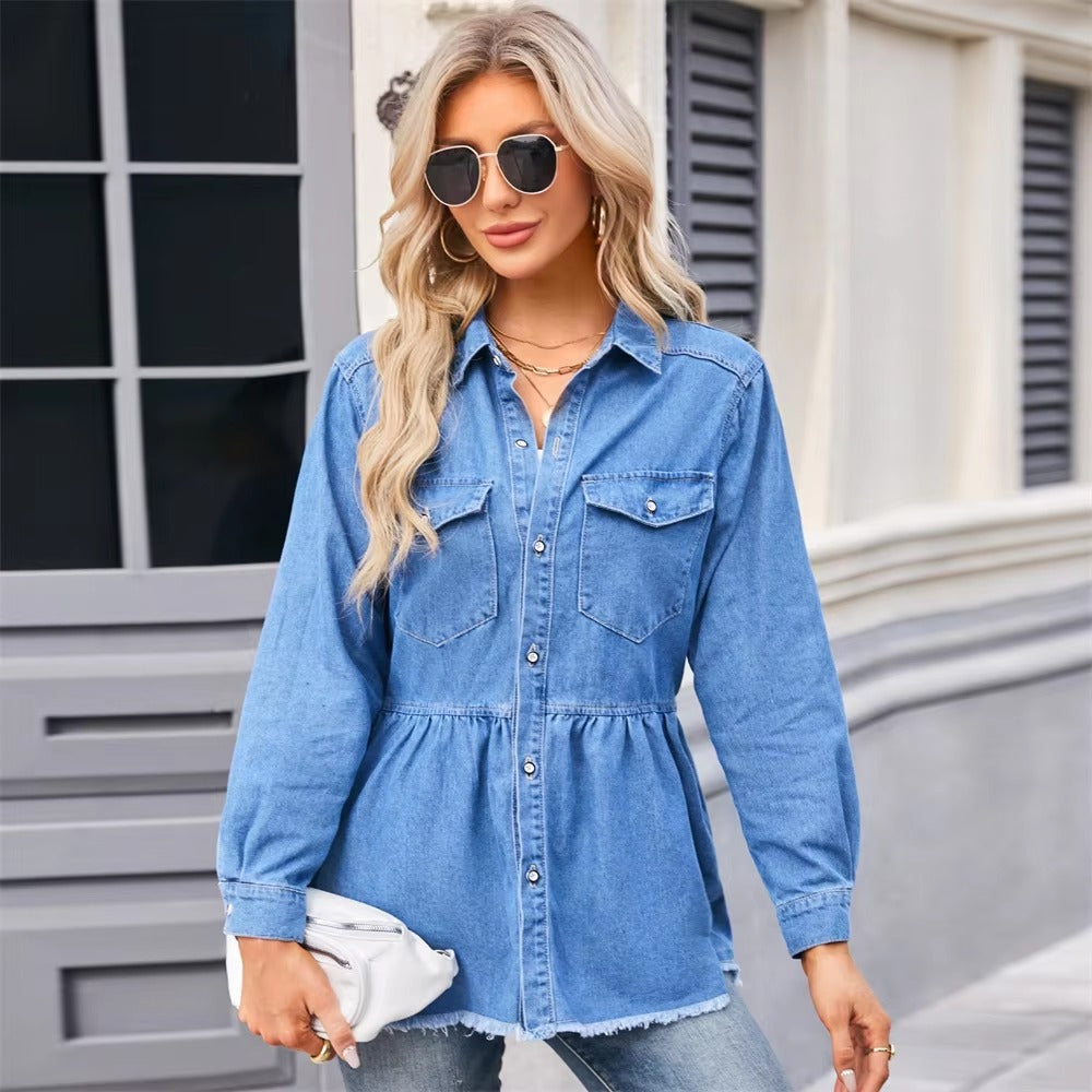 Casual Single Breasted Pockets Long Sleeve Jean Raw Hem Denim Shirts Mssza