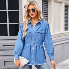 Casual Single Breasted Pockets Long Sleeve Jean Raw Hem Denim Shirts Mssza