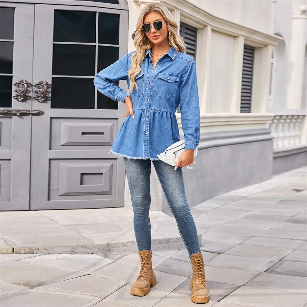 Casual Single Breasted Pockets Long Sleeve Jean Raw Hem Denim Shirts Mssza