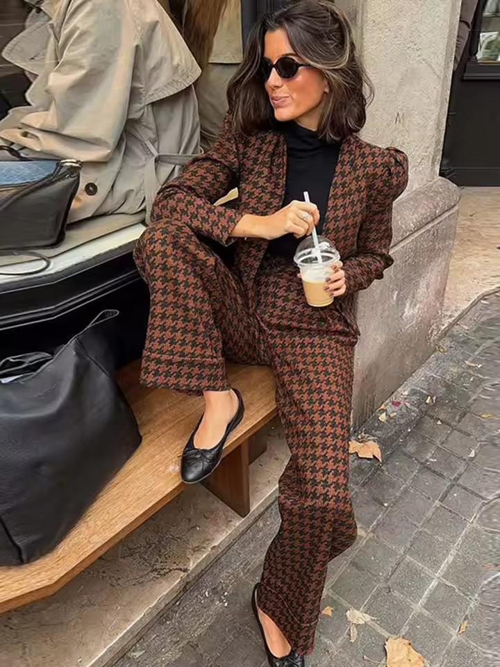 Casual Single Breasted Print Plaid Jacket Wide Leg Pants Sets Mssza