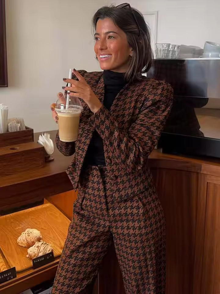Casual Single Breasted Print Plaid Jacket Wide Leg Pants Sets Mssza