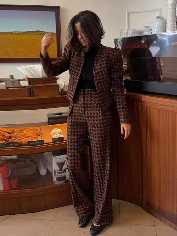 Casual Single Breasted Print Plaid Jacket Wide Leg Pants Sets Mssza