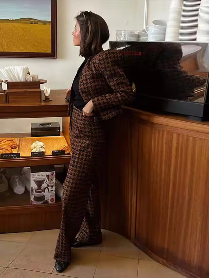Casual Single Breasted Print Plaid Jacket Wide Leg Pants Sets Mssza