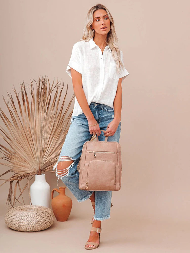 Casual Single Breasted Solid Short Sleeve Cotton Linen Loose Shirts Mssza