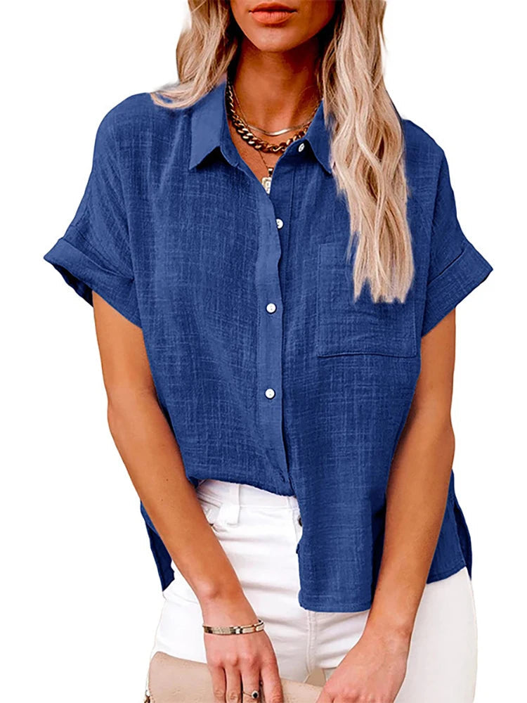 Casual Single Breasted Solid Short Sleeve Cotton Linen Loose Shirts Mssza