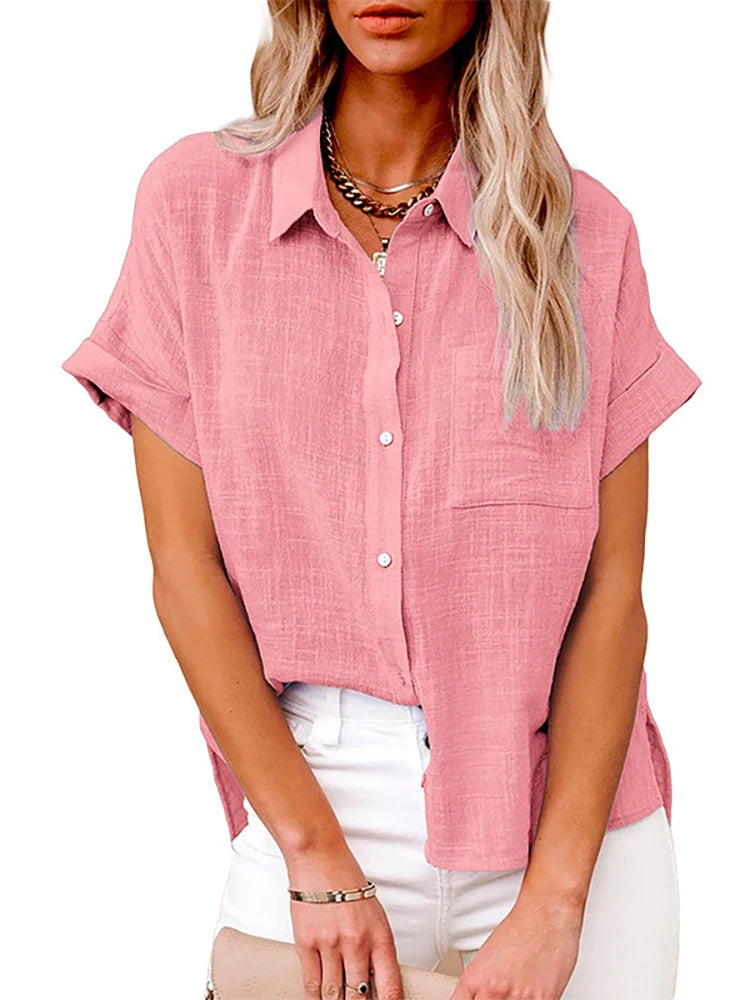 Casual Single Breasted Solid Short Sleeve Cotton Linen Loose Shirts Mssza