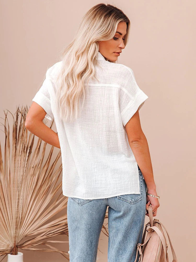 Casual Single Breasted Solid Short Sleeve Cotton Linen Loose Shirts Mssza