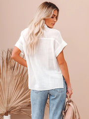 Casual Single Breasted Solid Short Sleeve Cotton Linen Loose Shirts Mssza
