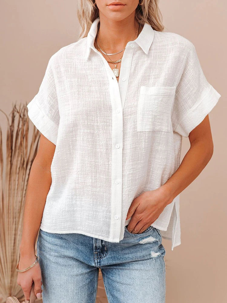 Casual Single Breasted Solid Short Sleeve Cotton Linen Loose Shirts Mssza