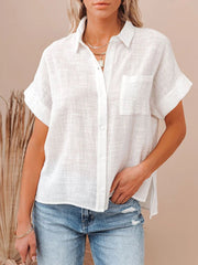 Casual Single Breasted Solid Short Sleeve Cotton Linen Loose Shirts Mssza