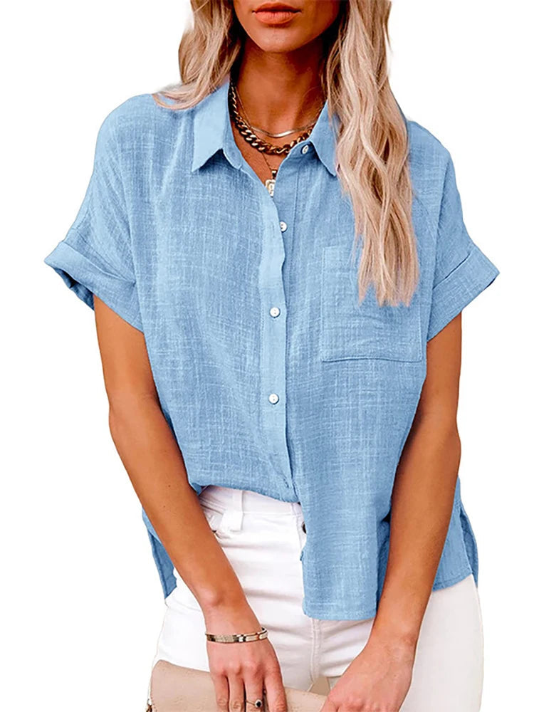 Casual Single Breasted Solid Short Sleeve Cotton Linen Loose Shirts Mssza