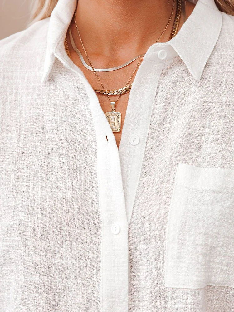 Casual Single Breasted Solid Short Sleeve Cotton Linen Loose Shirts Mssza