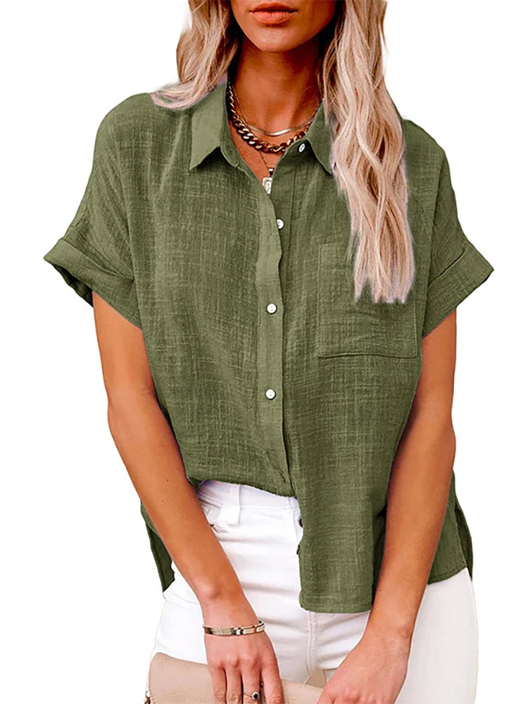 Casual Single Breasted Solid Short Sleeve Cotton Linen Loose Shirts Mssza