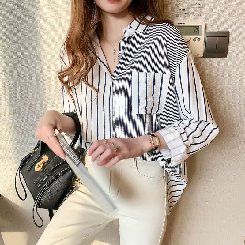 Casual Single Breasted Striped Patchwork With Pocket Loose Shirt Mssza