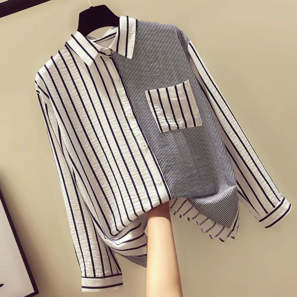 Casual Single Breasted Striped Patchwork With Pocket Loose Shirt Mssza