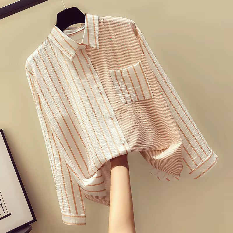 Casual Single Breasted Striped Patchwork With Pocket Loose Shirt Mssza