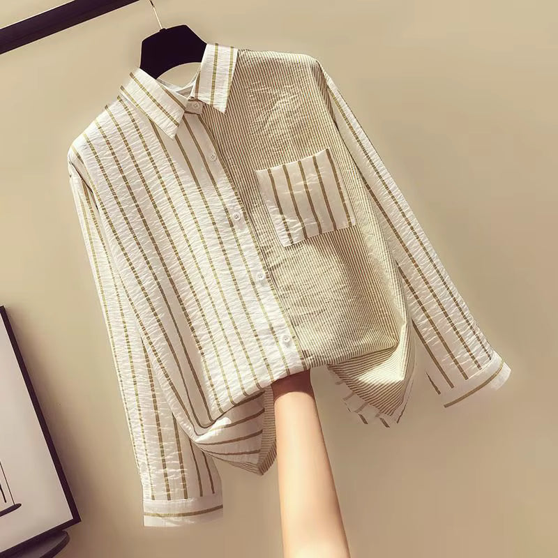 Casual Single Breasted Striped Patchwork With Pocket Loose Shirt Mssza